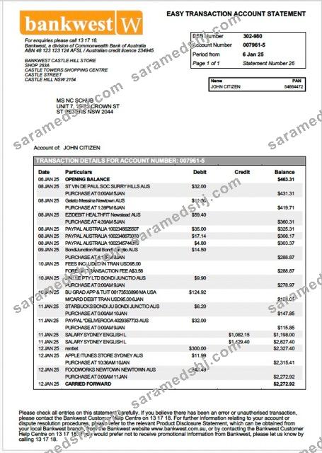 Australia Bankwest account statement Word and PDF template